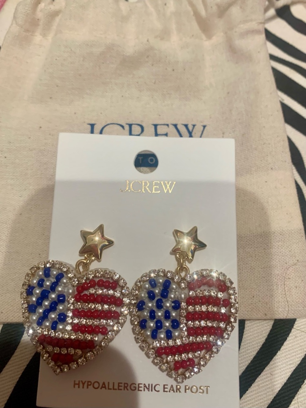 J. Crew Gold Star Heart Earrings with Red and Blue Beads